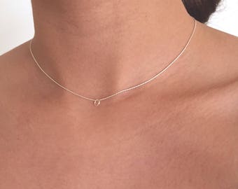 Super fine dainty choker with tiny circle, sterling silver necklace