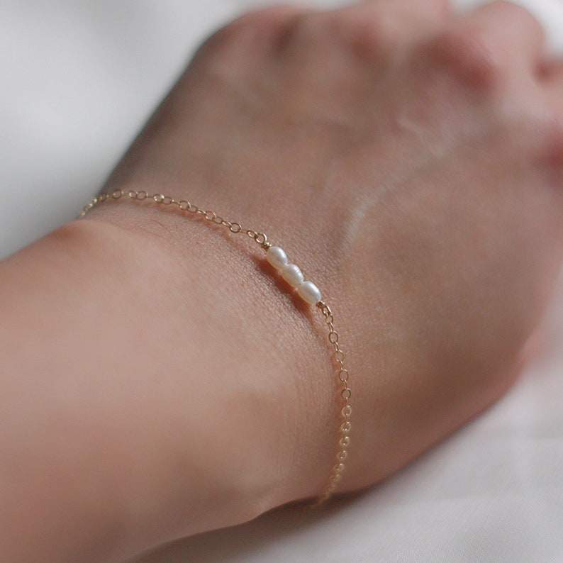 Dainty gold tiny oval pearl bracelet 1 2 3 rice pearls image 10