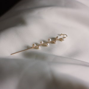 Puede incluir: Delicado pasador de pelo dorado con dise&ntilde;o de ramita. El pasador est&aacute; adornado con peque&ntilde;as perlas irregulares. Tiene un pasador largo y recto para la inserci&oacute;n y un gancho curvado en la parte superior. El fondo es de tela blanca suave.