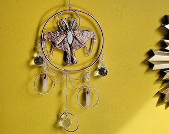 Luna Moth Crystal Suncatcher - Copper Electroformed Bohemian Wall Hanging - Prism Suncatcher - Handmade Copper Mobile -Moonstone Rose Quartz