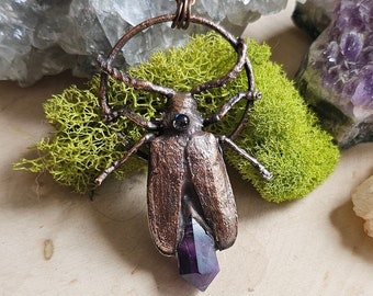 Amethyst Beetle Pendant - Real Preserved California Borer Beetle - Copper Electroformed Insect Necklace - Crystal Bug Jewelry