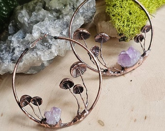 Amethyst Mushroom Hoop Earrings - Nature Inspired Copper Electroformed Jewelry - OOAK Bohemian Accesories