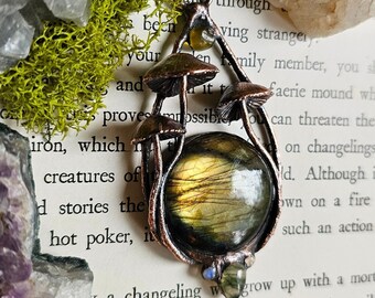 Yellow Labradorite, Moss Agate, and Moonstone Mushroom Statement Necklace - Copper Electroformed Mushroom Pendant -  OOAK Fairy Jewelry