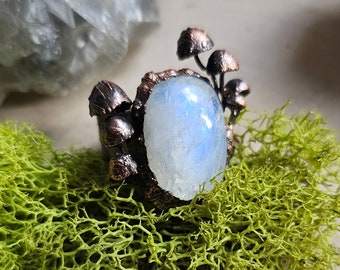 Copper Mushroom Statement Ring-Blue Moonstone-Copper Electroformed Jewelry- Sculpted Fungi Rustic Nature-Inspired Rings Size 8