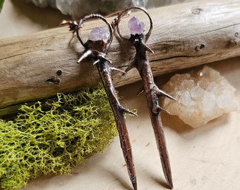 Amethyst Thorn Earrings-Real Rose Thorn Dangle Earrings-Copper Electroformed Spike Jewelry-Witchy Fairycore Accessories