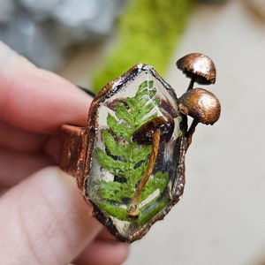 Resin Mushroom and Fern Leaves Statement Ring - Copper Electroformed Bohemian Rustic Nature-Inspired Rings- Size 10 - Terrarium Ring