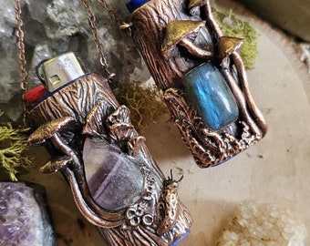 Copper Electroformed Lighter Case Necklaces - Fairy Core Mushroom Lighter Sleeves -Labradorite/Flourite - Hand-sculpted Functional Jewelry