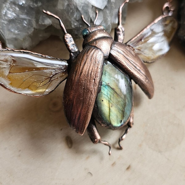 Labradorite Beetle Pendant - Copper Electroformed Insect Necklace - Sculpted Crystal Bug Jewelry