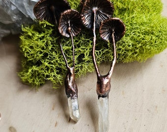 Quartz Mushroom Dangle Earrings  - Nature Inspired Copper Electroformed Jewelry - OOAK Bohemian Accesories