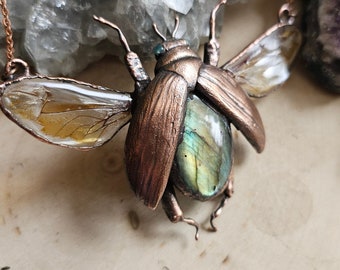 Labradorite Beetle Pendant - Copper Electroformed Insect Necklace - Sculpted Crystal Bug Jewelry