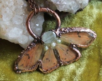 Tiger Moth Wing Pendant - Copper Electroformed Crystal Butterfly Necklace - Natured Inspired Jewelry - OOAK