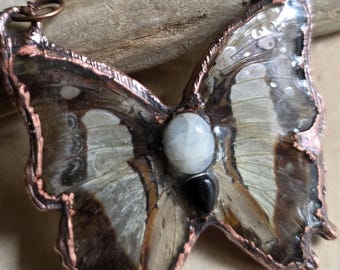 Copper Electroformed Butterfly Necklace REVERSIBLE - Real Wings - Moonstone, Onyx, Labradorite- Witchy Oddity Fairycore Statement Jewelry