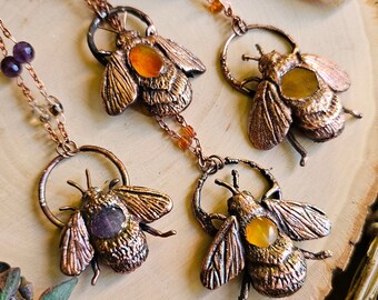 Copper Bumblebee Pendants - Hand Sculpted Bee - Electroformed Crystal Insect Necklace - Rustic Nature-Inspired Jewelry