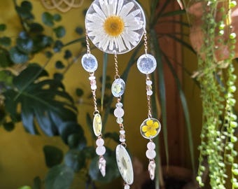 Spring Flower Crystal Prism Suncatcher - Bohemian Wall Hanging - Handmade Decor - Rose Quartz and Moonstone Beads-Real Preserved Daisies