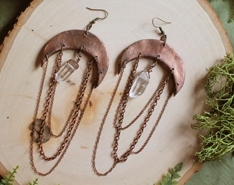Copper Crescent Moon Statement Earrings - OOAK Celestial Hand Sculpted Quartz Crystal Hook Earrings-Chain earrings, moon jewelry
