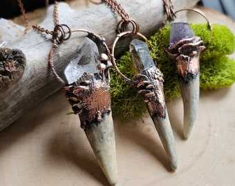 Crystal Antler Pendant-Hand Sculpted Mushrooms-Copper Electroformed Necklace -Deer Horn Jewelry-Witchy Accessories-Quartz, Amethyst