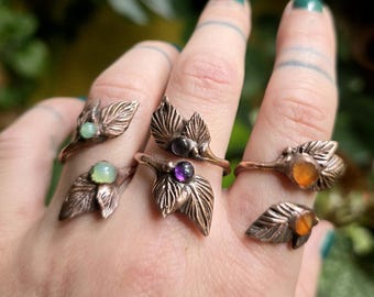 Adjustable Leaf Ring - Handmade Copper Electroformed Jewelry- Amethyst, Carnelian, Aventurine- Fairycore Nature Inspired Accessories