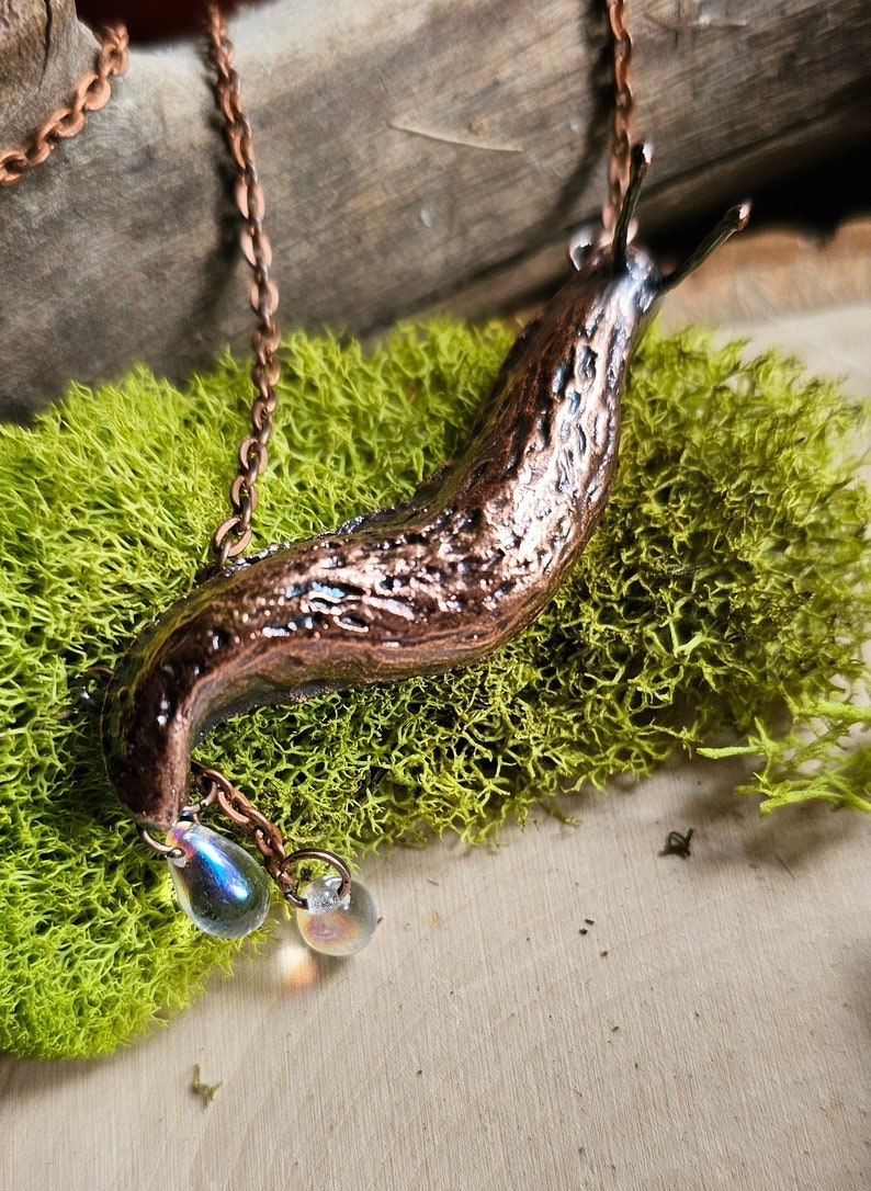 Copper Slug Necklace Hand Sculpted Bug Jewelry Goblincore Accessories-Electroformed Snail Pendant Rustic Nature-Inspired Jewelry image 3