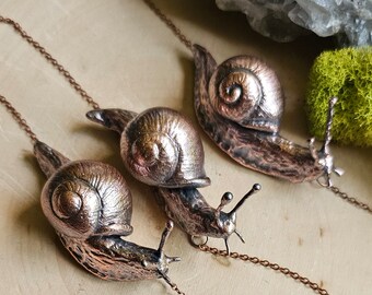 Copper Snail Necklace - Hand Sculpted Bug Jewelry - Goblincore Accessories-Electroformed Snail Pendant - Rustic Nature-Inspired Jewelry