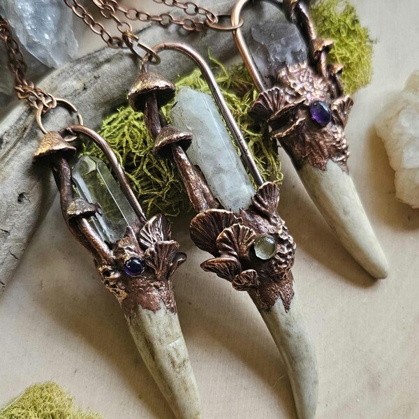 Crystal Antler Pendant-Hand Sculpted Mushrooms-Copper Electroformed Necklace -Deer Horn Jewelry-Witchy Accessories-Quartz, Amethyst