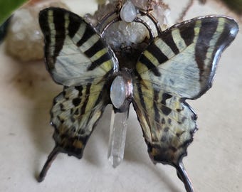 Copper Electroformed Butterfly Necklace - Real Swallowtail Butterfly Wings - Moonstone Quartz Crystal-Witchy Oddity Jewelry