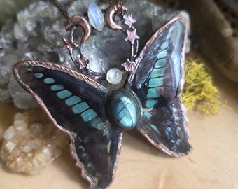 Copper Electroformed Butterfly Necklace - Real Blue Bottle Wings- Labradorite and Moonstone - Celestial - Crescent Moon Witchy Jewelry