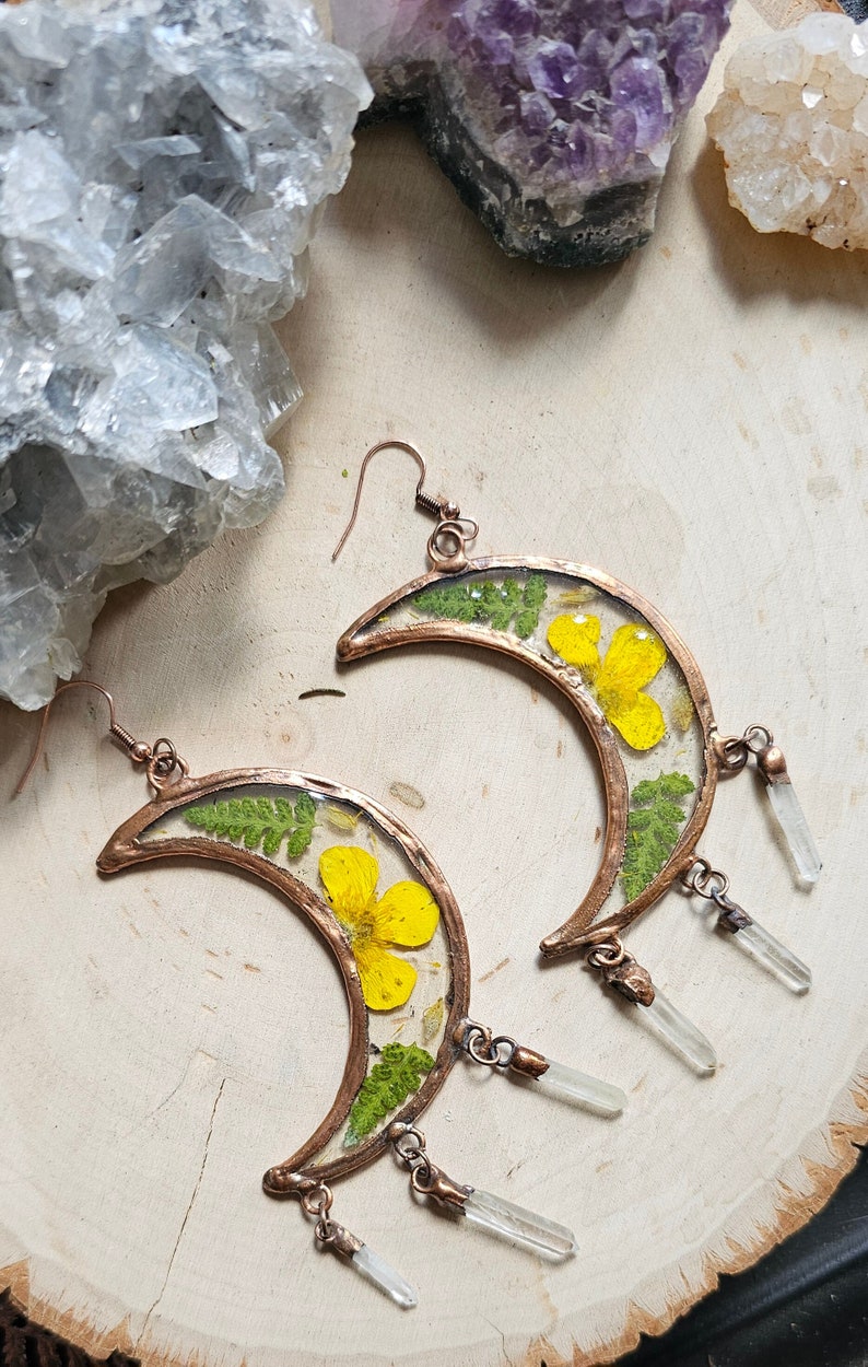 Pressed Flower & Fern Resin Earrings Copper Electroformed Large Crescent Moon Quartz Points Buttercup Statement Jewelry image 1