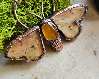 Carnelian Moth Pendant - Real Moth Wings - Copper Electroformed Crystal Butterfly Necklace - Rustic Nature-Inspired Jewelry