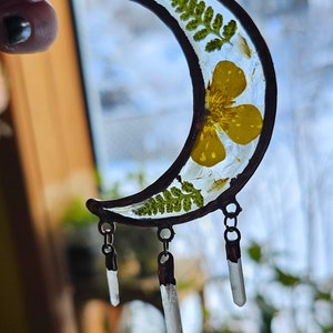 Pressed Flower & Fern Resin Earrings Copper Electroformed Large Crescent Moon Quartz Points Buttercup Statement Jewelry image 7