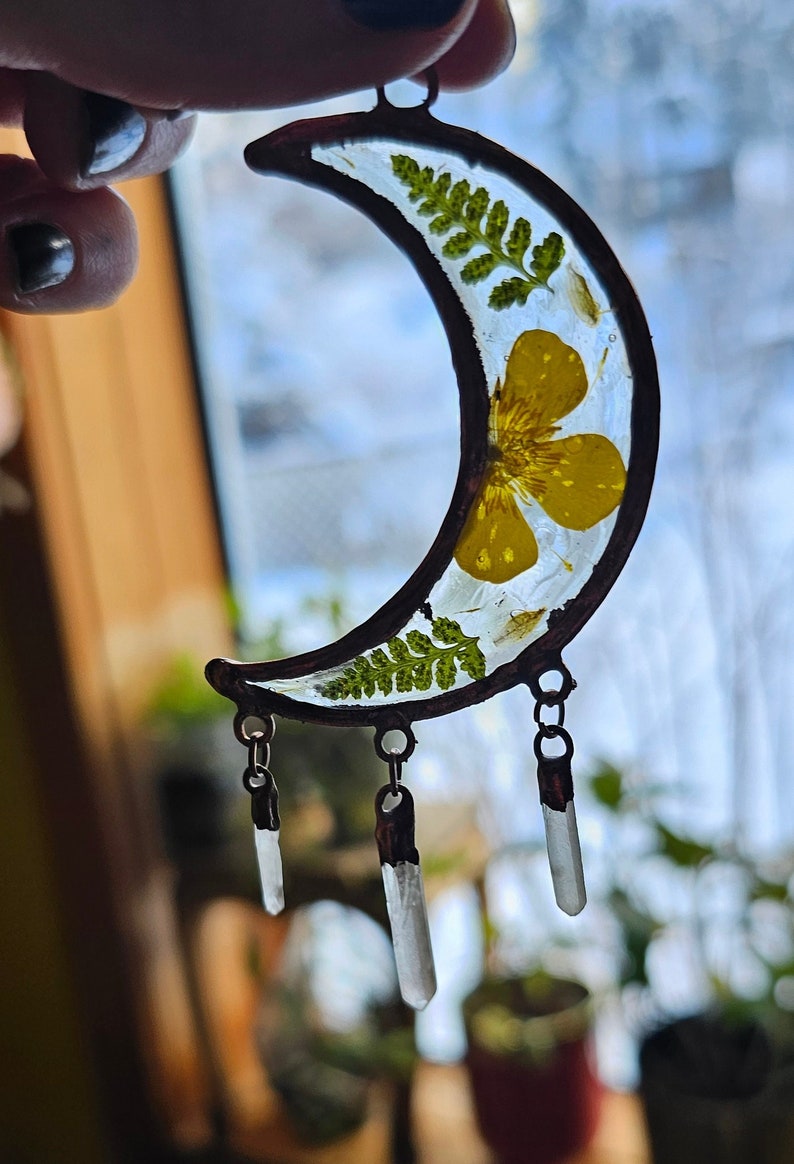 Pressed Flower & Fern Resin Earrings Copper Electroformed Large Crescent Moon Quartz Points Buttercup Statement Jewelry image 7