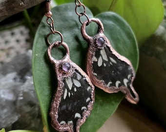 Copper Electroformed Butterfly Wing Earrings - Rustic Amethyst Statement Jewelry - Goblincore Accessories- Real Preserved Butterfly Wings