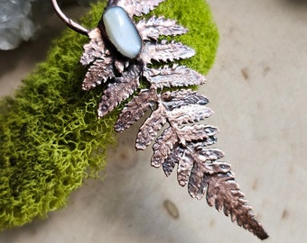 Copper Fern Leaf Pendant - Botanical White Moonstone Electroformed Necklace -  OOAK Nature Inspired Jewelry - Fairycore Jewelry