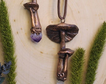 Copper Crystal Mushroom Pendant-Quartz and Amethyst-Copper Electroformed Necklace-OOAK Fairycore