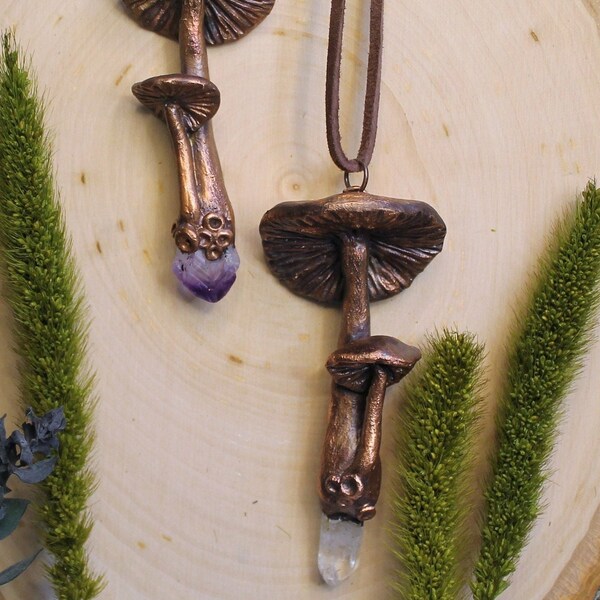 Copper Crystal Mushroom Pendant-Quartz and Amethyst-Copper Electroformed Necklace-OOAK Fairycore