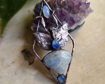 Copper Electroformed Praying Mantis Statement Necklace-Real Preserved Insect- Moonstone and Sapphire - Witchy Whimsigoth Jewelry