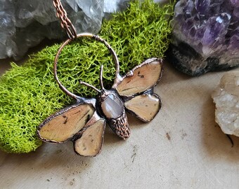 Peach Moonstone Moth Pendant - Real Moth Wings - Copper Electroformed Crystal Butterfly Necklace - Rustic Nature-Inspired Jewelry