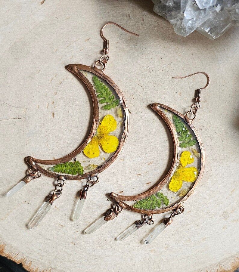 Pressed Flower & Fern Resin Earrings Copper Electroformed Large Crescent Moon Quartz Points Buttercup Statement Jewelry image 2