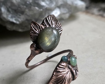 Labradorite and Aventurine Adjustable Leaf Ring - Handmade Copper Electroformed Jewelry- Fairycore Nature-Inspired Statement Ring