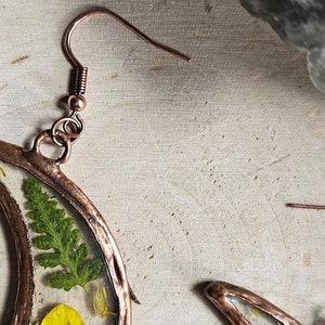 Pressed Flower & Fern Resin Earrings Copper Electroformed Large Crescent Moon Quartz Points Buttercup Statement Jewelry image 3