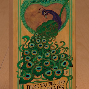Peacock Wall Art | Art Nouveau Peacock Print | Arts & Crafts Style Bird Art | Inspirational Nature Wall Decor Wooden Plaque