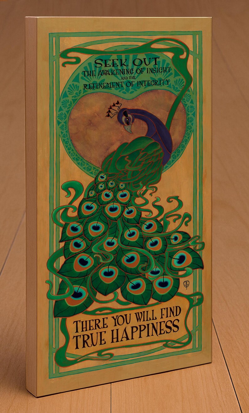 Peacock Wall Art | Art Nouveau Peacock Print | Arts & Crafts Style Bird Art | Inspirational Nature Wall Decor Wooden Plaque