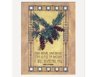FLW Nature Wall Art | Frank Lloyd Wright Quote Poster | Pine Cone Botanical Art Print | Arts & Crafts Prairie Style Decor | Nature Wall Art