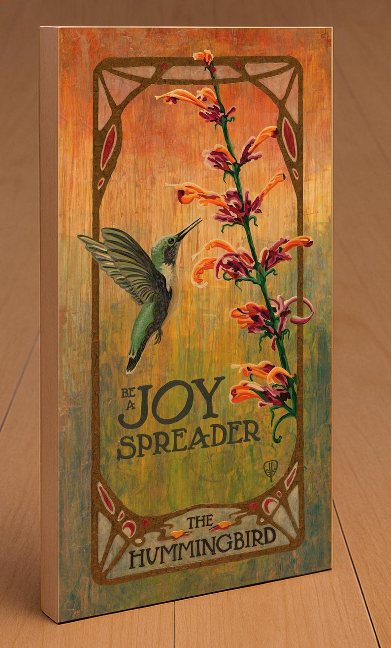 Hummingbird Wall Art | Art Nouveau Hummingbird Print | Botanical Nature Decor | Inspirational Bird Artwork | Vintage Poster Style Art Wooden Plaque
