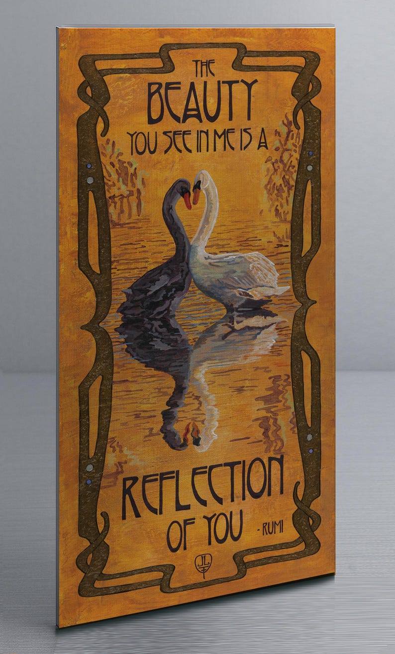 Swan Wall Art | Art Nouveau Swan Print | Rumi Quote Love Art | Romantic Bird Wall Decor | Reflection of You Artwork Metal Art Print