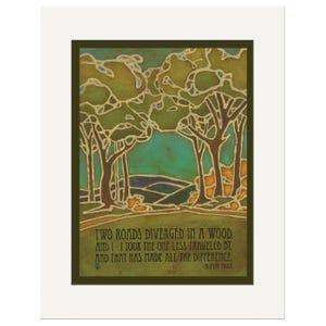 Two Roads Diverged Wall Art | Robert Frost Quote Poster | Arts & Crafts Style Woodland Landscape Print | Inspirational Literary Decor