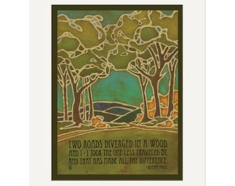 Two Roads Diverged Wall Art | Robert Frost Quote Poster | Arts & Crafts Style Woodland Landscape Print | Inspirational Literary Decor