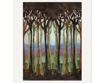 Silhouette Forest Wall Art | Arts & Crafts Tree Landscape Art Print | Art Nouveau Style Nature Poster | Woodland Decor