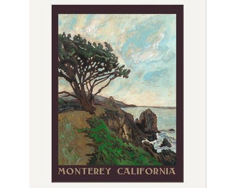 Monterey California Wall Art | Monterey Coast Wall Art | Vintage California Travel Poster | WPA Style Coastal Landscape