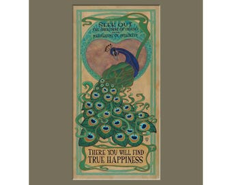 Peacock Wall Art | Art Nouveau Peacock Print | Arts & Crafts Style Bird Art | Inspirational Nature Wall Decor