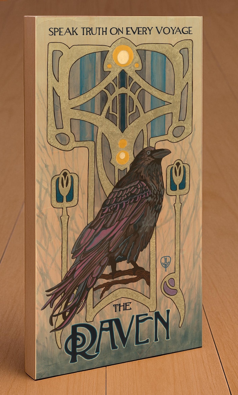 Raven Wall Art | Art Nouveau Raven Print | Norse Mythology Bird Art | Viking Inspired Nature Decor Wooden Plaque